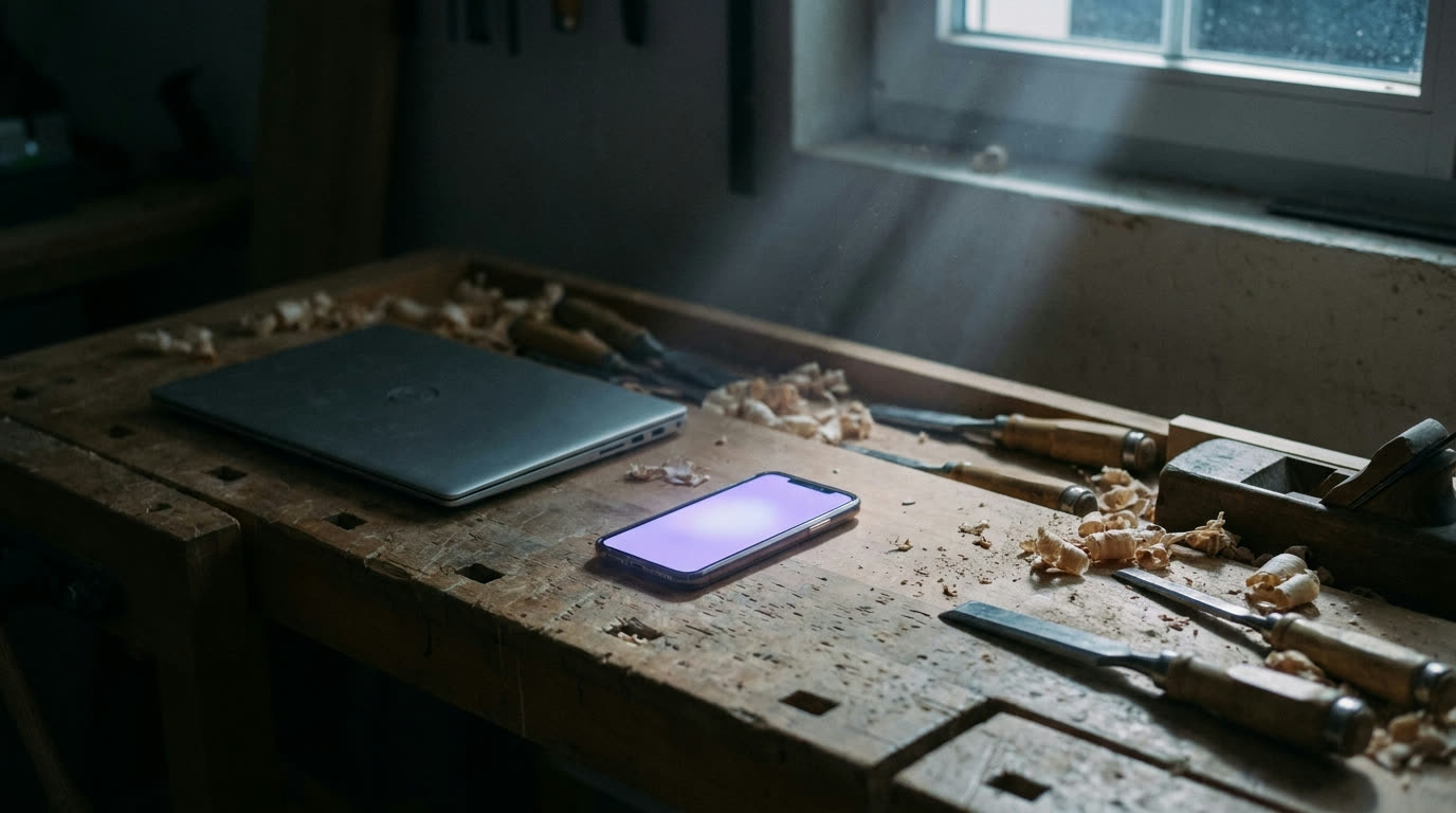Dunkle Schreinerwerkstatt nach Feierabend, ein Smartphone leuchtet mit einer eingehenden Anfrage