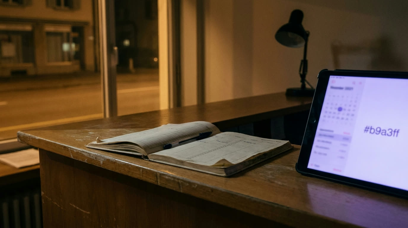 Empfangstisch am Abend: Papier-Terminplaner neben einem Tablet, dessen Bildschirm sanft leuchtet