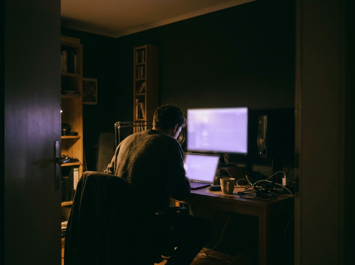 Der Betreiber von hinten am Arbeitsplatz, zwei Bildschirme in violettem Licht